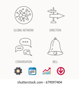 Conversation, global network and direction icons. Bell alarm signal linear sign. Calendar, Graph chart and Cogwheel signs. Download colored web icon. Vector