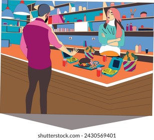 A conversation is going on between a customer and a shopkeeper at a pizza bar  vector illustration