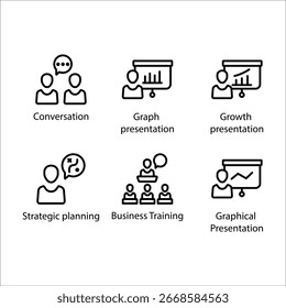 Conversa, Apresentação de gráfico, Apresentação de crescimento, Planejamento estratégico, Treinamento, Apresentação, ícone, Ícone de linha Definir