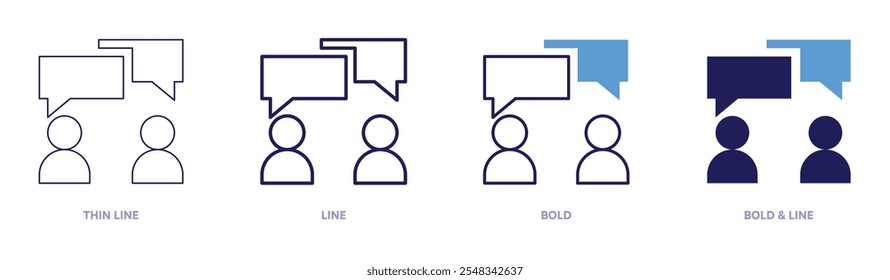 Icono de grupo de conversación en 4 estilos diferentes. Línea delgada, línea, negrita y línea negrita. Estilo duotono. Trazo editable.