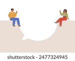 Conversation of happy people. Man and woman sitting on big speech bubble and waving hands. Dialogue between friends or colleagues. Corporate and family communication concept. Vector illustration