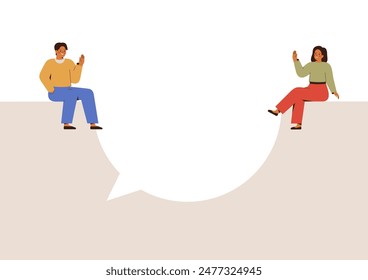 Conversación de gente feliz. Hombre y mujer sentados en una gran burbuja de habla y agitando manos. Diálogo entre amigos o colegas. Concepto de comunicación Corporativa y familiar. Ilustración vectorial