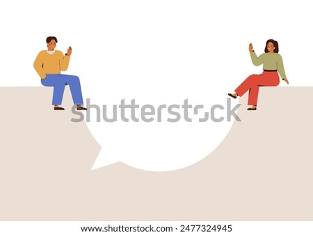 Conversation of happy people. Man and woman sitting on big speech bubble and waving hands. Dialogue between friends or colleagues. Corporate and family communication concept. Vector illustration