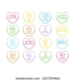 Conversation heart Valentines Day colorful candy sweets love words of love collection concept icon vector isolated on white background