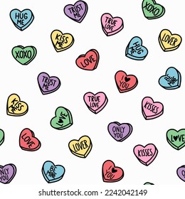 Conversation Hearts seamless pattern. Valentine’s sweet candy with love text. Valentine day background.