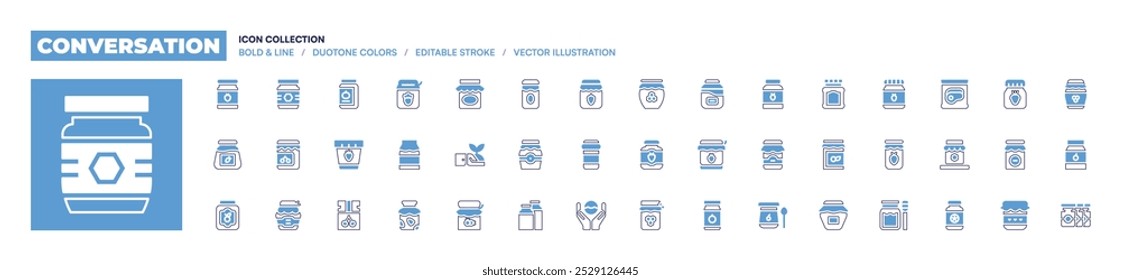 Coleção de ícones da conversa. Estilo de linha em negrito. Cores duotônicas. Curso editável. geleia, mel, compotas, broto, geleia de morango, morango, jarra, marmelada, mundoceansday.