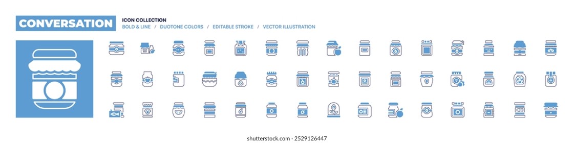 Conversation icon collection. Bold line style. Duotone colors. Editable stroke. conserve, jam, strawberryjam, honeyjar, applejam, jar, plant, jellying.