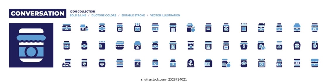 Colección de iconos de conversación. Estilo audaz. Duotone colores. comida enlatada, mermelada, mermelada de fresa, comida para bebés, miel, tarro de miel, tarro, mermelada, gelatina.