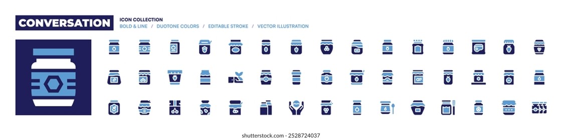Coleção de ícones da conversa. Estilo negrito. Cores duotônicas. conservar, geleia, mel, broto, geleia de morango, jamjar, morango, jar, marmelada, worldoceansday.