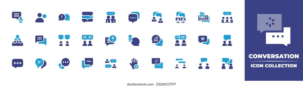 Conversation icon collection. Duotone color. Vector illustration. Containing microphone, personal data, problem solving, speech bubble, talk, chart, conversation, press, chatting, forum, consultant.