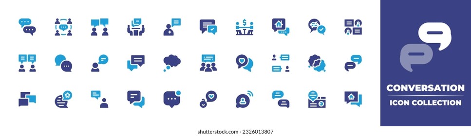 Conversation icon collection. Duotone color. Vector illustration. Containing chat box, socialize, conversation, interview, chat, talk, thinking, feedback, rating, notification, baby, talk show.