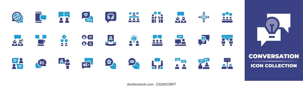 Conversation icon collection. Duotone color. Vector illustration. Containing speech bubble, chat, organization, chatting, consulting, meeting, debate, discussion, coffee mug, time, contact, idea.