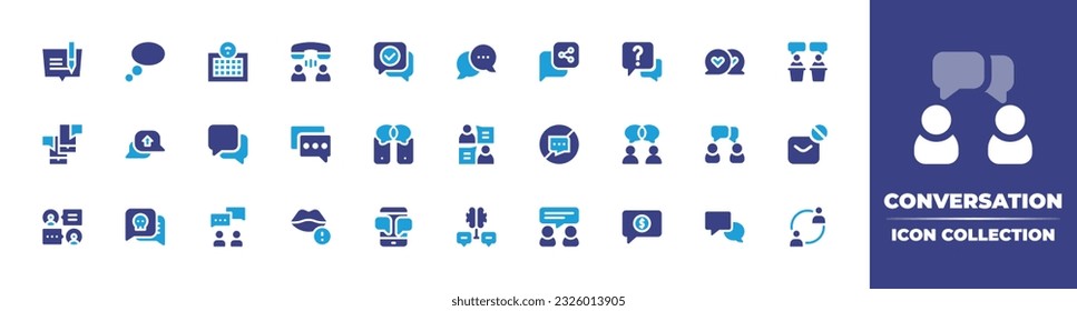 Conversation icon collection. Duotone color. Vector illustration. Containing edit, speech bubble, smart talk, conversation, share, faq, love message, discussion, talk, no talking, communication, block