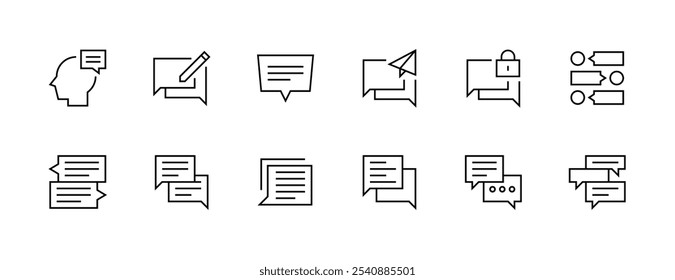 Sammlung von Unterhaltungssymbolen. Zufriedenheit, Rede, Dialog, Diskussion, Vortrag, Botschaft, Kommentar und mehr. Bearbeitbarer Strich. Pixel perfekt. Gitterbasis 32 x 32.