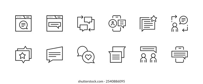 Sammlung von Unterhaltungssymbolen. Zufriedenheit, Rede, Dialog, Diskussion, Kommunikation, Talk, Nachricht, Kommentar und mehr. Bearbeitbarer Strich. Pixel perfekt. Gitterbasis 32 x 32.