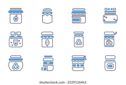 Ícone de conversa definido. Estilo de linha em negrito. Cores duotônicas. Curso editável. broto, oceano, geleia, geleia de morango, marmelada, jamjar, mel, compotas, pote de mel, picles, gelatina, jar.