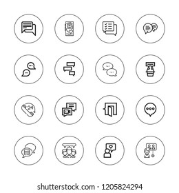 Conversation icon set. collection of 16 outline conversation icons with chat, call, discussion, inner circle, interview, message icons.