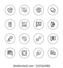 Conversation icon set. collection of 16 outline conversation icons with chat, call, message icons.