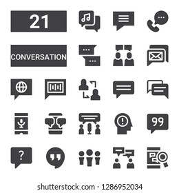conversation icon set. Collection of 21 filled conversation icons included Chatting, Chat, Hangout, Quote, Think, Voice recognition, Discussion, Conversation, Call, Chat bubble