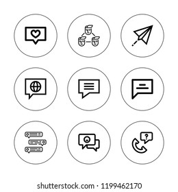 Conversation icon set. collection of 9 outline conversation icons with communications, chat bubble, call, chat icons. editable icons.