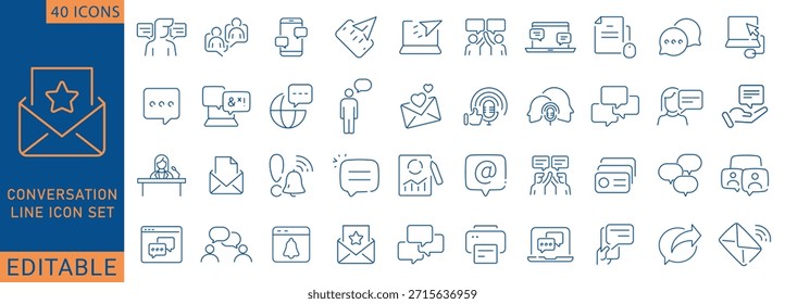 Conjunto de iconos de conversación. Contiene íconos relacionados con conversaciones, conversaciones, charlas, discusiones, conversaciones y mucho más. Colección de íconos de línea. Totalmente Editable. Ilustración vectorial.