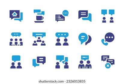 Conversation icon set. Duotone color. Vector illustration. Containing talk, discussion, comment, chatting, forum, conversation, chat, bubble chat, telephone, silence. 