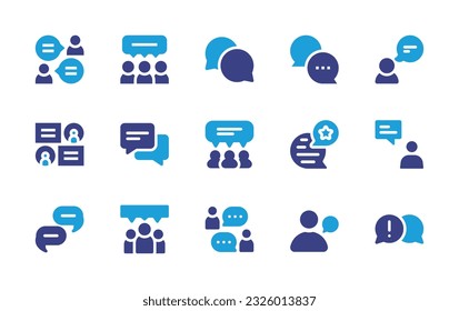 Conversation icon set. Duotone color. Vector illustration. Containing chat, people, talk, group, rating, group chat, personal data, problem solving. 