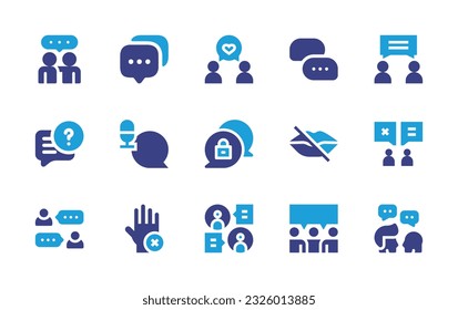 Conversation icon set. Duotone color. Vector illustration. Containing talk, chart, love message, chat, conversation, conversations, private chat, mute, say no, communication, people. 