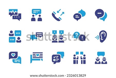 Conversation icon set. Duotone color. Vector illustration. Containing debate, talk, conversation, speech bubbles, chart, commuication, talking, question, ear, chatting, discussion. 