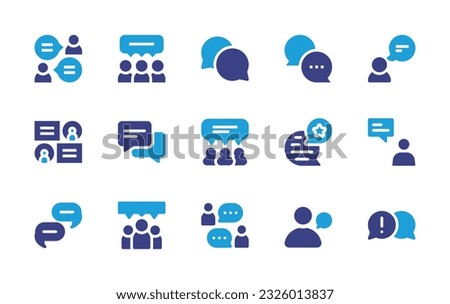 Conversation icon set. Duotone color. Vector illustration. Containing chat, people, talk, group, rating, group chat, personal data, problem solving. 