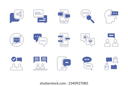 Conversation icon set. Duotone style line stroke and bold. Vector illustration. Containing share, speech bubble, conversation, talk, no talking, chat, talking, agree, mobile, chat conversation.