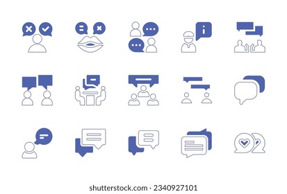 Conversation icon set. Duotone style line stroke and bold. Vector illustration. Containing feedback, gossip, chat, instructor, debate, conversation, interview, talking, love message.