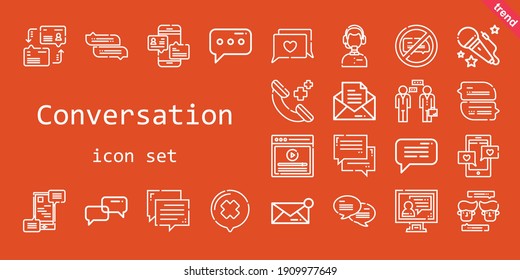 conjunto de iconos de conversación. estilo de icono de línea. iconos relacionados con la conversación como voz, comunicaciones, videollamadas, charlas, chat, servicio al cliente, diálogo, llamadas telefónicas, video, mensaje, conversación