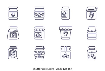 Ícone de conversa definido. Estilo da linha. AVC editável. conservar, geleia, mel, compotas, broto, geleia de morango, morango, jarra, marmelada.