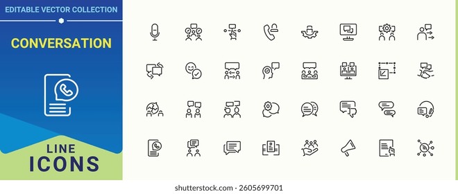 Conversation icon set. Related to message, chat, assist, call, website, info and more. Communication icon set in linear style. Minimal icons collection. Editable stroke. Vector collection.