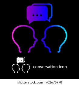 Conversation icon. Two people talking to each other image isolated on dark background. Thin line creative vector illustration for web, template, app, design element.