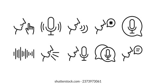 Iconos de conversación. Contorno, mensaje de voz, hombre que habla, iconos de conversación. Iconos del vector