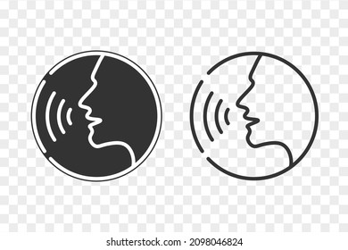 Conversation icons. Podcast icon. Talking human side profile. sound waves. Voice recognition, singing, Voice control, noise concept. Vector illustration.