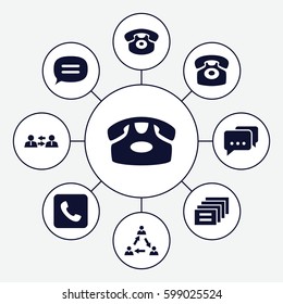 conversation icons set. Set of 9 conversation filled icons such as desk phone, call, chat, communication