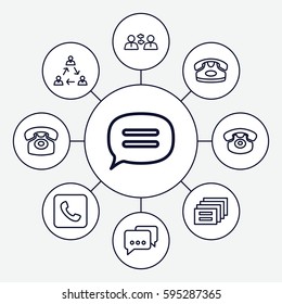 conversation icons set. Set of 9 conversation outline icons such as desk phone, call, chat, communication