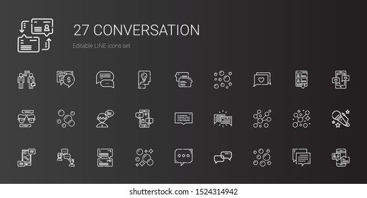 conversation icons set. Collection of conversation with bubbles, chat, communications, speech bubble, negotiation, voice, thinking, dialogue. Editable and scalable conversation icons.