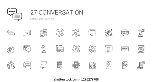 conversation icons set. Collection of conversation with thinking, discussion, chat, bubbles, voice, communications, speech bubble, remove user. Editable and scalable conversation icons.