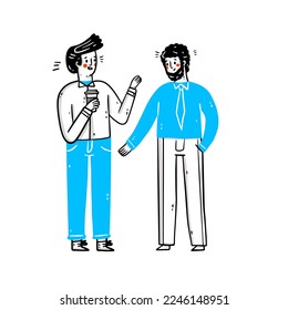 Conversation illustration. A male office workers office workers are drinking coffee and talking during a break.Small talk in coffee shop. Coffee time with friend at office. Flat vector illustration