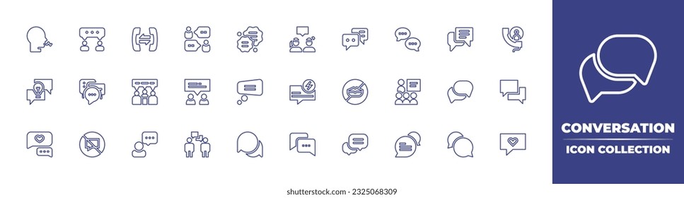 Colección de iconos de línea de conversación. Trazo editable. Ilustración vectorial. Conteniendo conversación, conversación, conversación telefónica, burbuja de pensamiento, chat, mensaje, burbuja de habla, llamada, charla, no hablar.