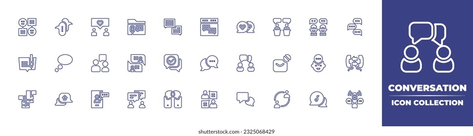 Colección de iconos de línea de conversación. Trazo editable. Ilustración vectorial. Conteniendo chat, burbuja de voz, charla, conversación, mensaje de amor, discusión, edición, comunicación, bloqueo, conversación, mensaje.