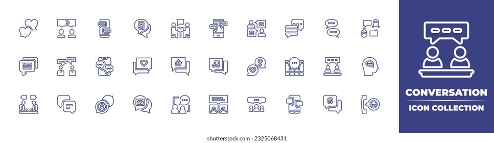 Colección de iconos de línea de conversación. Trazo editable. Ilustración vectorial. Conteniendo conversación, conversación de chat, charla, chat, hombres de negocios, charlas, negociación, burbuja de chat.
