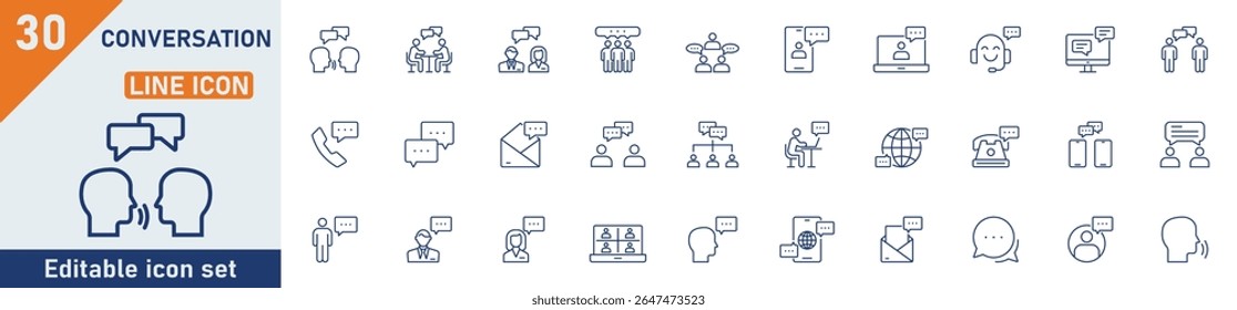 Conjunto de ícones da linha de conversa. Conjunto de 30 ícones de tópicos relacionados a conversa, falar, falar, discussão, diálogo, bate-papo, balão de fala, comunicação e outros. Traçado editável. Ilustração vetorial.