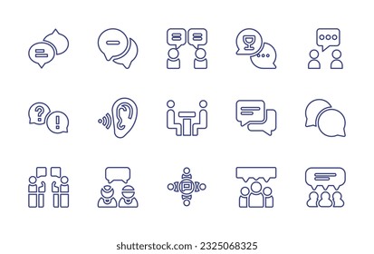 Conversation line icon set. Editable stroke. Vector illustration. Containing speech bubbles, chart, communication, conversation, question, ear, negotiation, chat, debate, discussion, meeting, group.