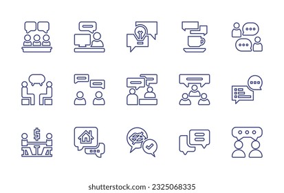 Conjunto de iconos de la línea de conversación. Trazo editable. Ilustración vectorial. Conteniendo reunión, consultoría, lluvia de ideas, discusión, chat, charla, comentario, conversación.