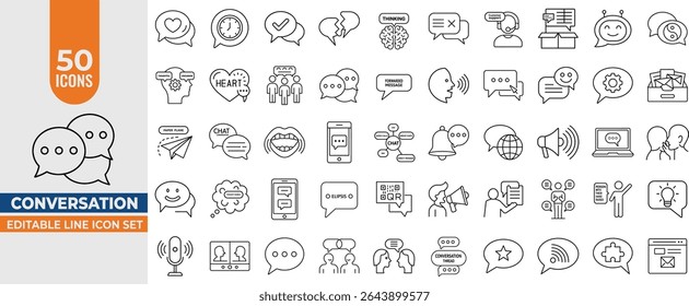 Conversation Line Icon Set - Ícones vetoriais editáveis para aplicativos de bate-papo, interação, discussão, fala, conversação, mensagens, diálogo e comunicação. Traço editável. Ilustração vetorial
